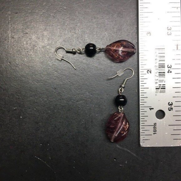 Double Dangle Pierced Earrings Purple Twist Black Round Silver Hook Retro BoHo - Picture 3 of 3